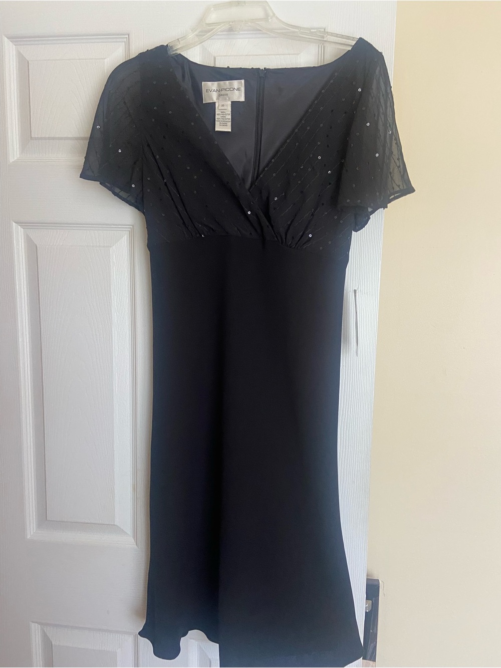 Evan Picone Black V-Neck Sheer Sleeve Dress